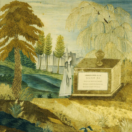 Silk-On-Silk Needlework Picture Depicting A Mourning Woman By The Tombstone Of Joseph Fox van 