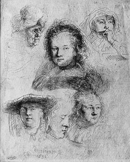 Six heads with Saskia van Uylenburgh (1612-42) in the centre van 