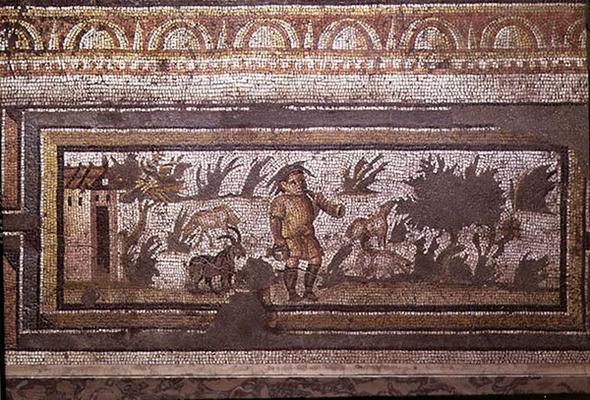 Scene of a goatherd with his goats, detail of the border from a mosaic pavement depicting the season van 