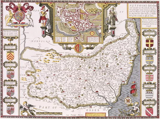 Suffolk and the situation of Ipswich, engraved by Jodocus Hondius (1563-1612) from John Speed's 'The van 
