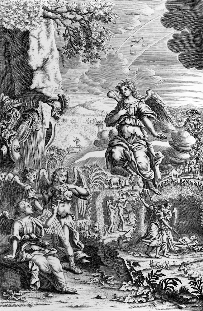 The archangel Uriel informs Gabriel that Satan is in the Garden of Eden, illustration from ''Paradis van 