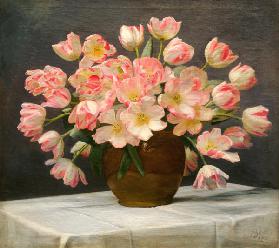 Tulips In A Vase On A Draped Table