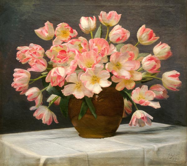 Tulips In A Vase On A Draped Table van 