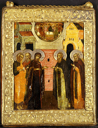 The Appearance Of The Holy Mother Of God To Saints Sergei And Nikon, Depicted Full Length, In Front van 