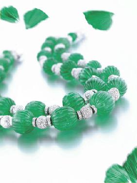 Two Magnificent Fluted Emerald Bead And Diamond Necklaces Comprising Seventeen And Fifteen Fluted Em
