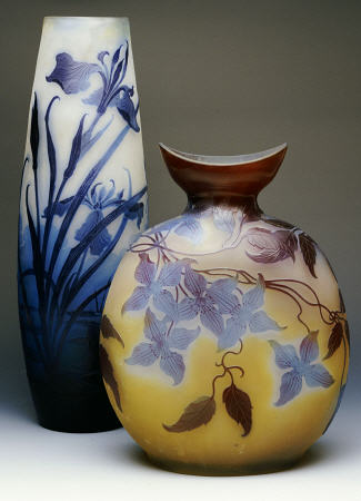 Two Galle Double-Overlay Acid-Etched Vases van 