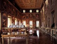 The 'Galleria', with a panelled ceiling and niches containing antique statues from the Sacchetti col