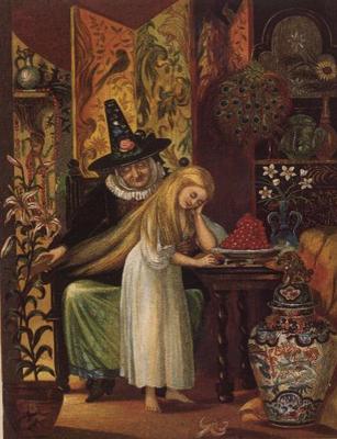 The Old Witch combing Gerda's hair with a golden comb to cause her to forget her friend, in The Snow van 