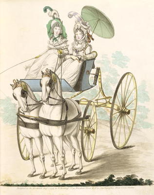 Two ladies, en negligee, taking an airing in a phaeton, from Nikolaus Heideloff's Gallery of Fashion van 