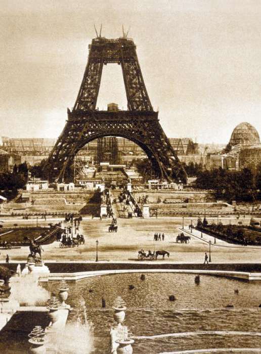 View from Chaillot palace of Eiffel tower built for world fair in 1889, here 2nd floor van 