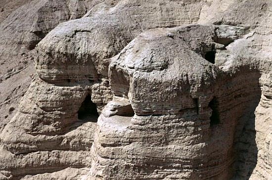 View of the Qumran Caves, where the Dead Sea Scrolls were discovered in 1947 Qumran, Israel van 