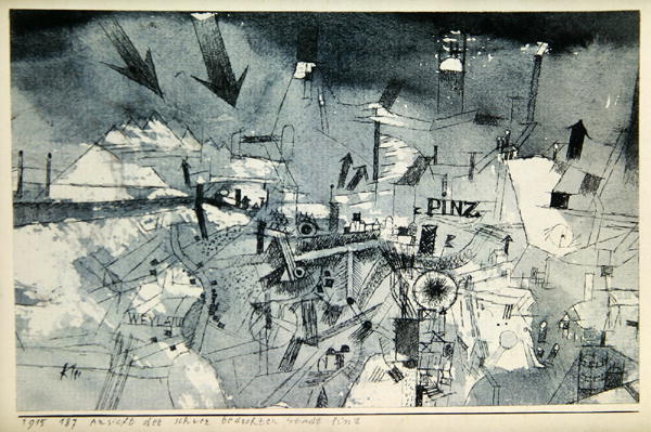 View of the severely threatened city of Pintz, 1915 (no 187) (pen and w/c on paper on cardboard)  van 