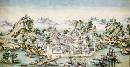 View Of Macao, Looking East With European Figures And Shipping In The Foreground van 