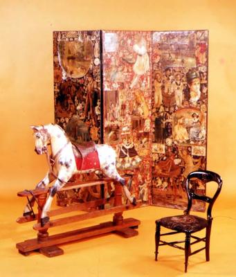 Victorian Nursery furnishings. Late 19th century rocking horse, mid-19th century scrapwork screen an van 