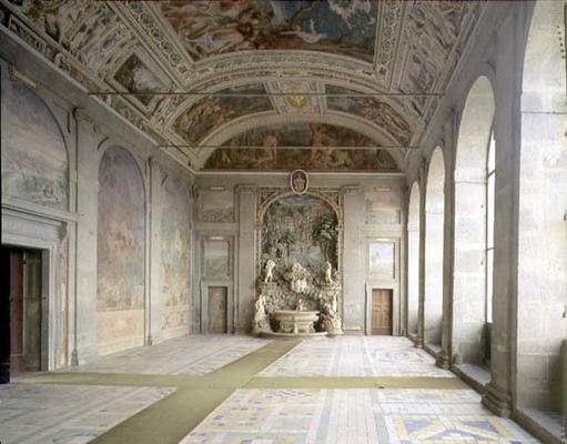 View of the 'Sala d'Ercole' (Hall of Hercules) on the piano nobile, with a fountain at the far end ( van 
