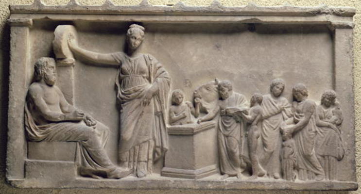 Votive relief depicting a family sacrificing a bull to Asclepius, the god of health and his daughter van 