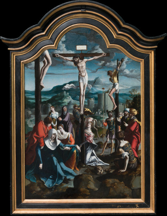 Triptych with the Crucifixion, Saints and Donors van Nordniederländischer Meister um 1530