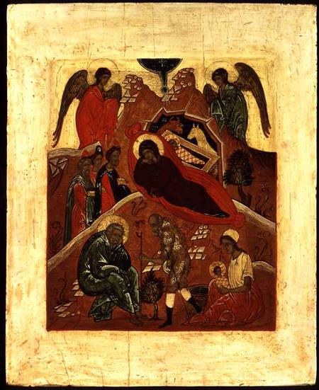 Icon of the Nativity, the Adoration of the Magi and the Temptation of St. Joseph van Novgorod School