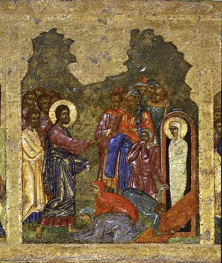 The Raising of Lazarus, Russian icon from the iconostasis in the Cathedral of St. Sophia van Novgorod School