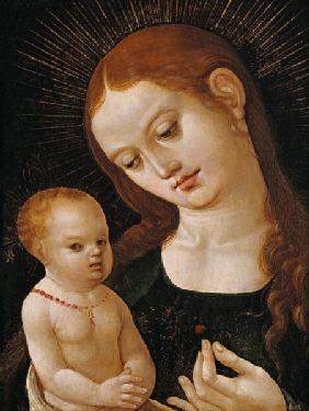 Maria, dem Jesuskind eine Erdbeere reichend.