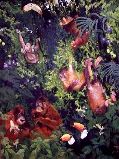 Orangutangs and Toucans, 1998 (inks, acrylics and pencil crayon on canvas)  van Odile  Kidd