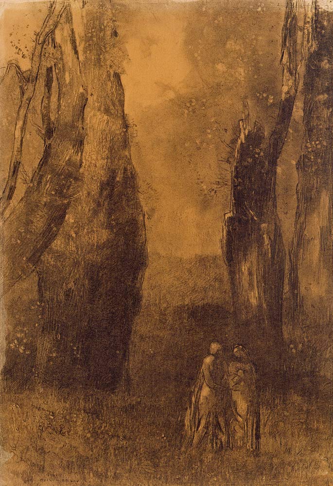 Lovers in a rocky landscape (charcoal) van Odilon Redon