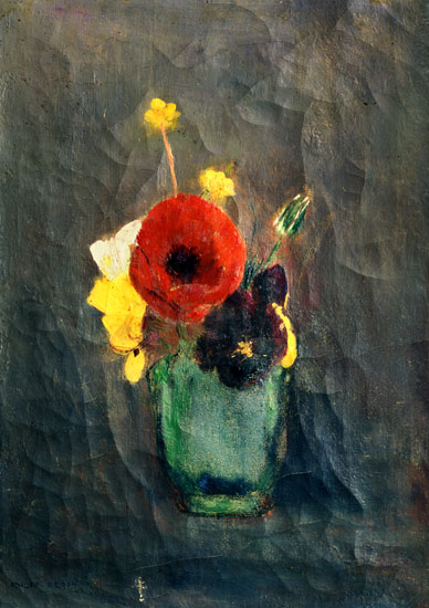 Blumenstrauss mit Mohnblumen in einer grünen Vase van Odilon Redon