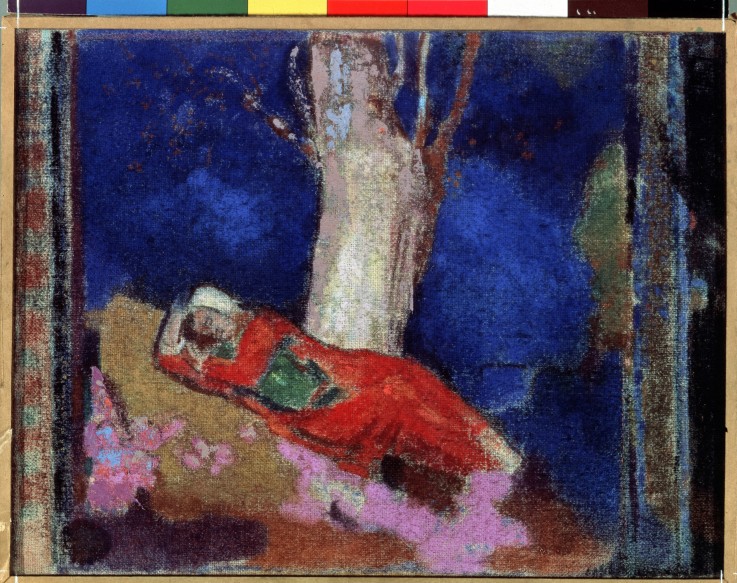 A Woman Lying Under The Tree van Odilon Redon