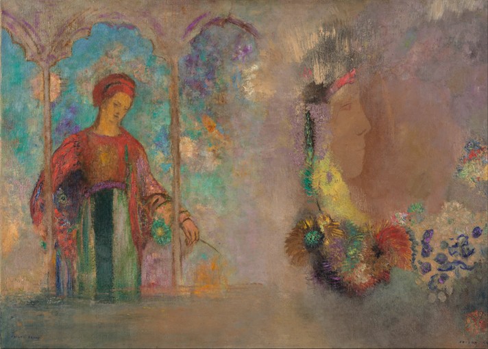 Woman in a gothic arcade. Woman with flowers van Odilon Redon