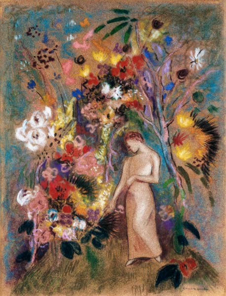 Vrouwen figuur in bloemen van Odilon Redon