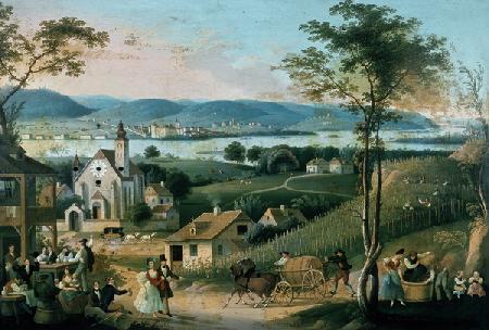 Blick von einem Wiener Heurigen-Vorort über die Donau mit Weinlese- und Trink-Szene