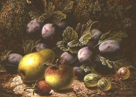 Still Life with Plums, Gooseberries, Apple, Pear and Strawberry van Oliver Clare