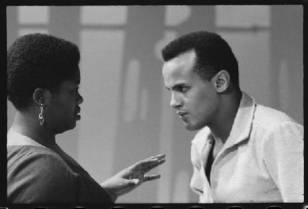 Harry Belafonte with Odetta on set of tv special