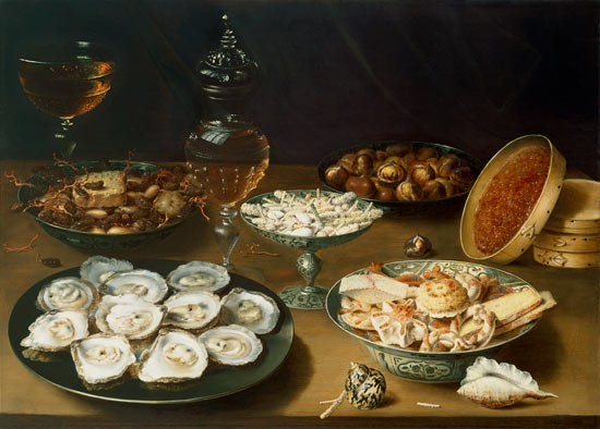 Still life with oysters, sweetmeats and roasted chestnuts van Osias Beert I.