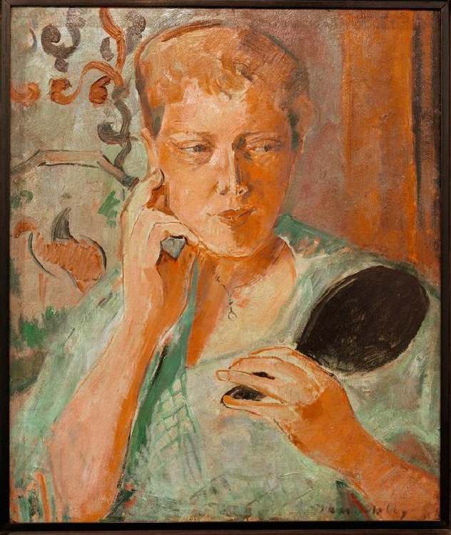 Portrait Margarethe with black hand mirror van Oskar Moll