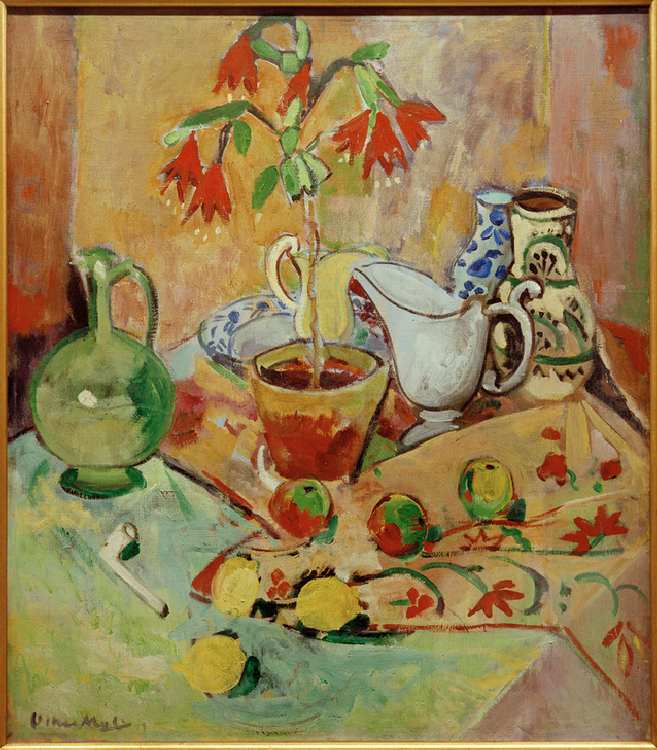Still life with potted plant and pitchers, fruits and whistle van Oskar Moll