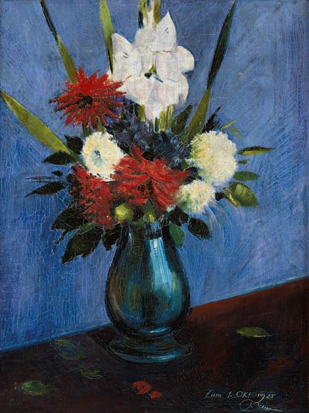 Blumenvase mit Gladiolen und Dahlien van Oskar Schlemmer