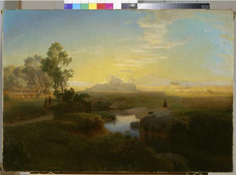 Abendliche Landschaft mit einem im Gegenlicht liegenden Felsmassiv van Oswald Achenbach