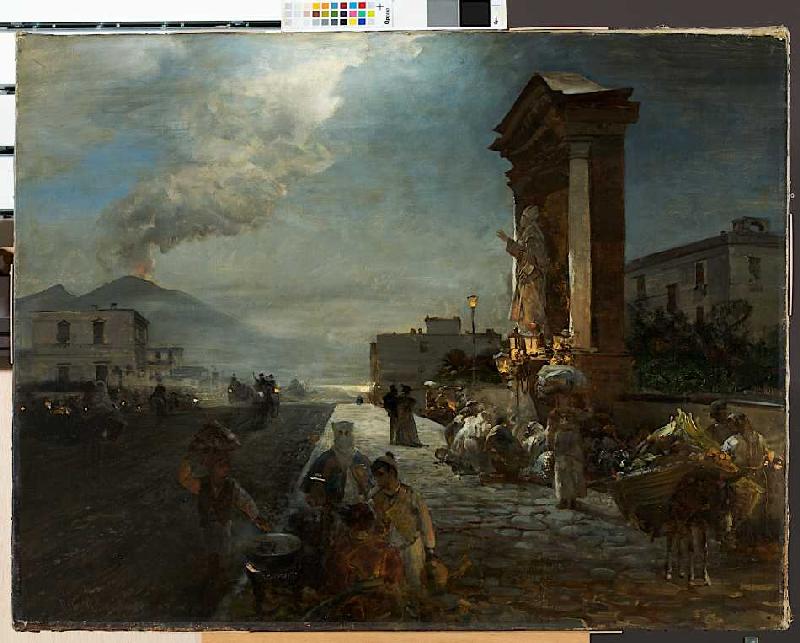 Die Via di Marinella in Neapel mit Blick auf den Vesuv bei heraufziehendem Gewitter van Oswald Achenbach