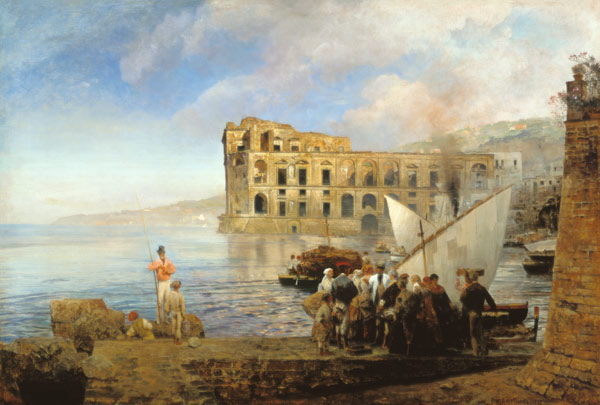 Bucht bei Neapel mit dem Palast der Königin Johanna. van Oswald Achenbach