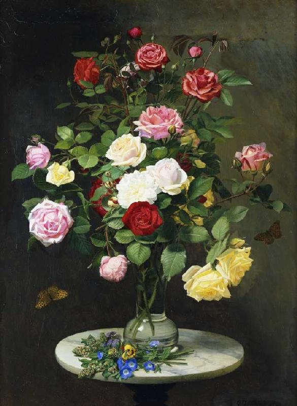 Ein Rosenstrauß auf einem Marmortischchen van Otto Diderik Ottesen