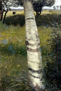Birke in blühender Landschaft. van Otto Modersohn