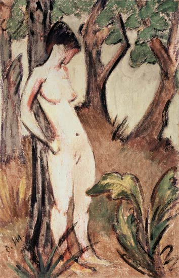 Nude Standing Against a Tree van Otto Mueller
