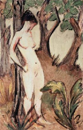 Nude Standing Against a Tree