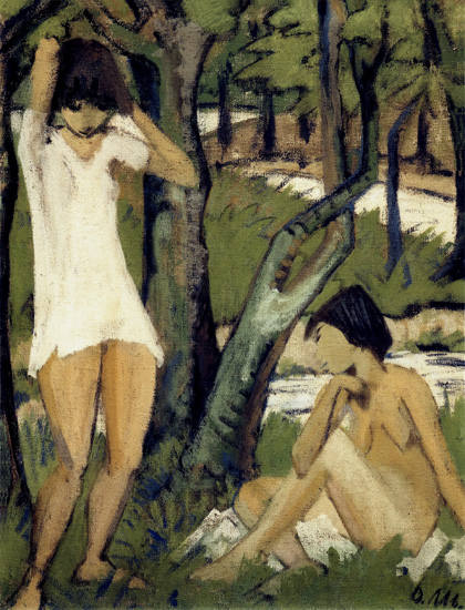 Zwei badende Mädchen (Mädchen im Hemd) van Otto Mueller