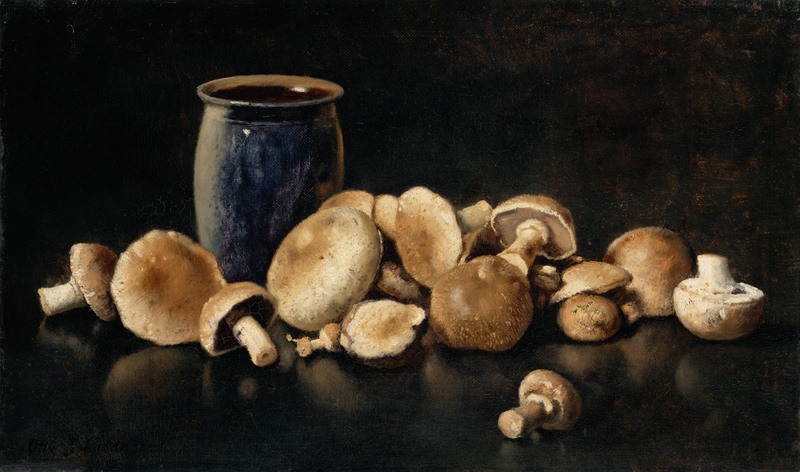 Still Life with Blue Vase and Mushrooms van Otto Scholderer