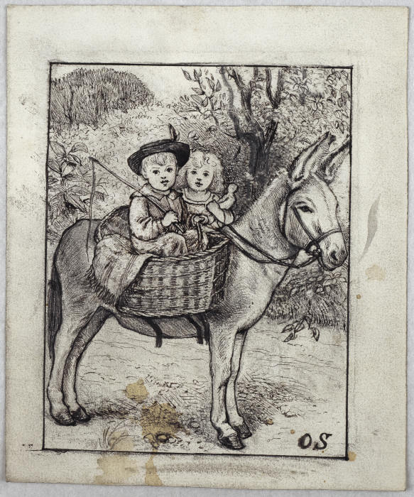 Ein Junge und ein Mädchen auf einem Esel van Otto Scholderer