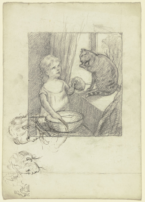 "Katzenwäsche", dabei Studien eines Kinderkopfes im Profil nach links van Otto Scholderer