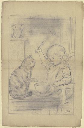 Kind am Esstisch mit Katze