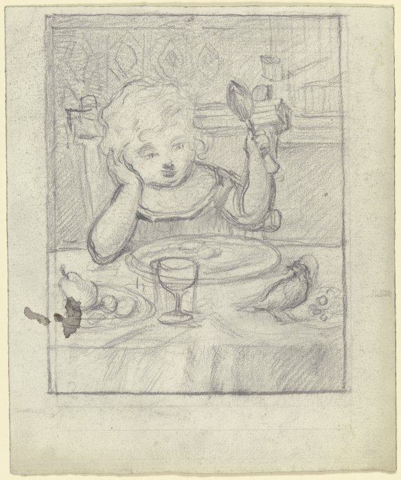 Kind am Tische mit Löffel und Vogel van Otto Scholderer